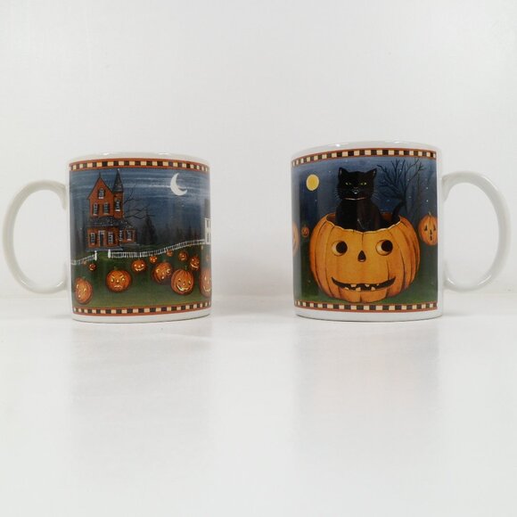 Two Vintage Halloween Mugs 2002 David Carter Brown Pumpkin Hollow Series Sakura - Picture 2 of 12